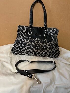 Coach Black & Gray Signature Canvas Satchel with Black Leather Trim.